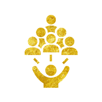 Gold icon of a man with his hands up and people above him